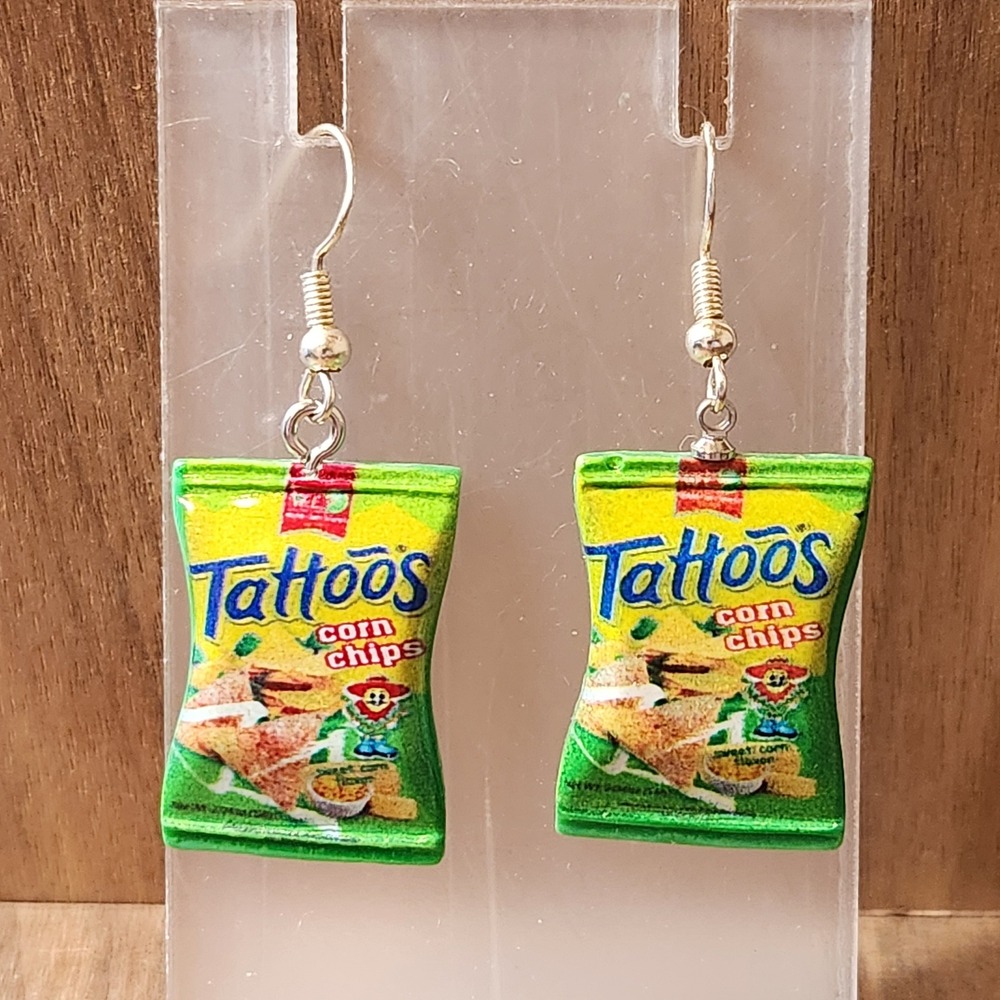 Handmade Corn Chips Snack Bag Dangle Earrings Green Yellow Novelty Food Jewelry